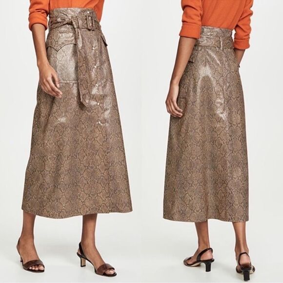 Nanushka Women's Aarohi Brown Snakeskin Midi Skirt Sz Medium Button Snaps Animal - Picture 4 of 12